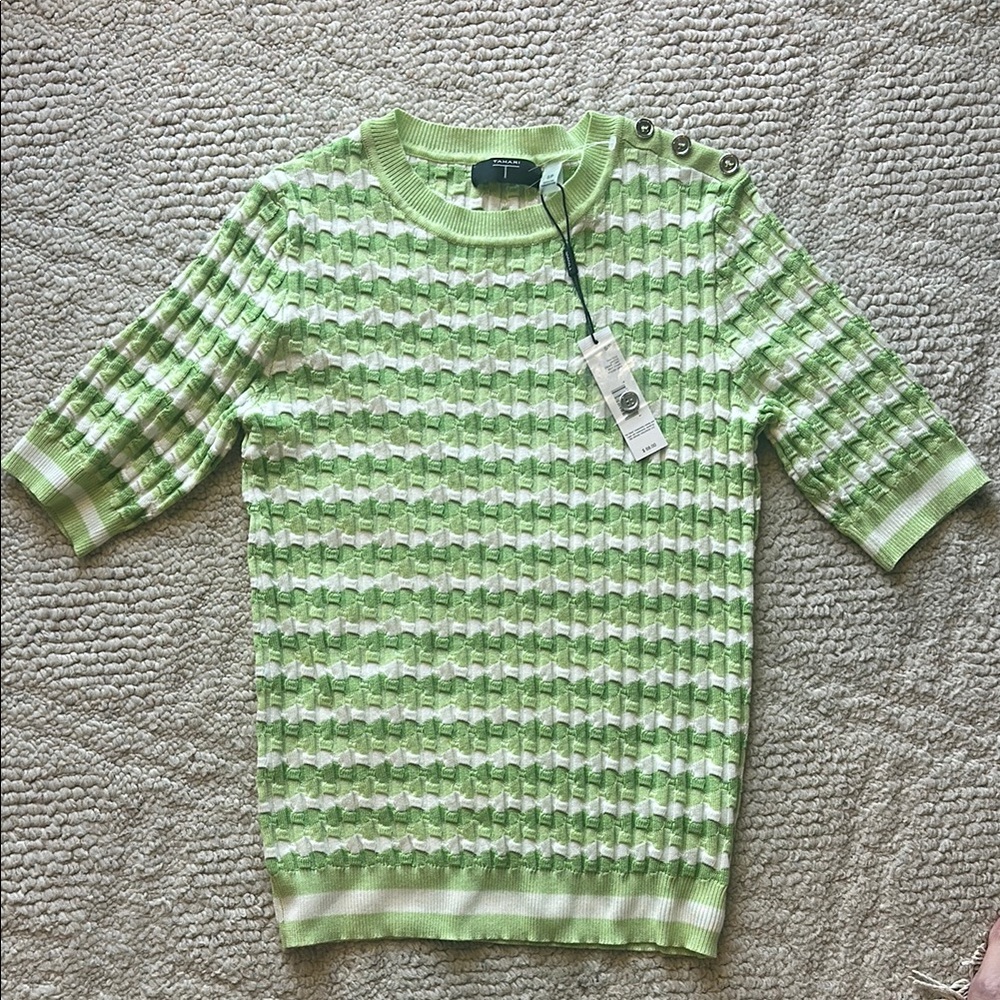 Tahari Green and White Striped Sweater NWT